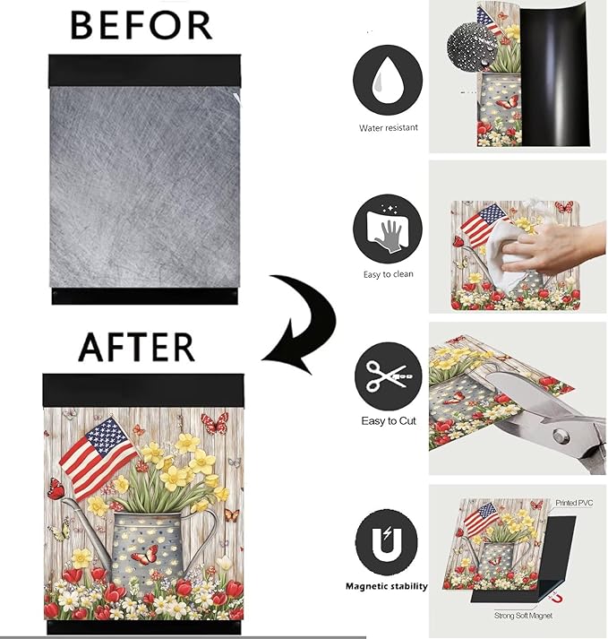 Patriotic American Flag Dishwasher Magnet Cover,Pastoral Flowers Butterfly Magnetic Dishwasher Cover Vinyl Sticker,Fridge Door Cover Magnets Art Skin Panel Decal,Home Decor Decal,23"X26"