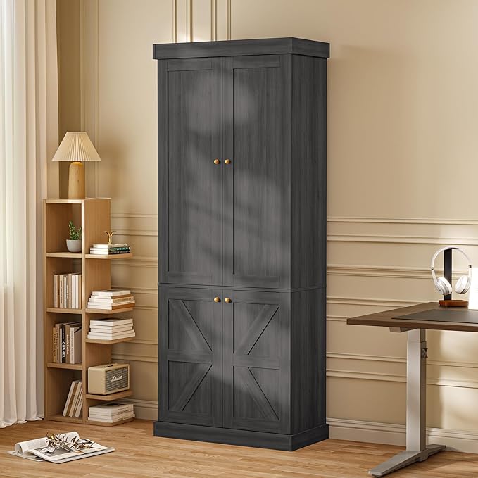 70.8" Tall Bookshelf with Doors, Farmhouse Modular Bookcase with 4-Tier Adjustable Shelves, Large Storage Cabinet for Home Office, Living Room, Black