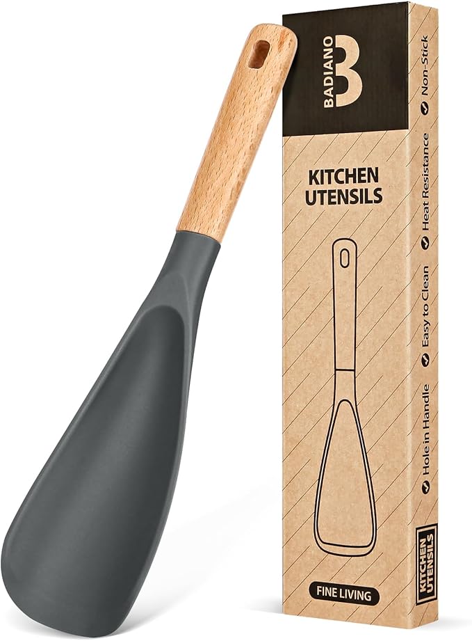 Cooking Spoon for Nonstick Cookwares, Great for Cooking and Serving Sturdy BPA-Free Matte Silicone, Wood Handle Spoon for Mixing, Scoop, and Scrape (GREY, 11.4 inch)