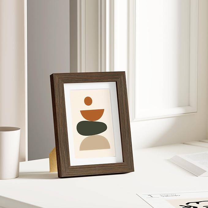 Vittanly 5x7 Picture Frame, Solid Wood Frame with Plexiglass, Includes 4x6 Mat, Wall Hanging or Tabletop for Home Decor, Brown, 1 Pack