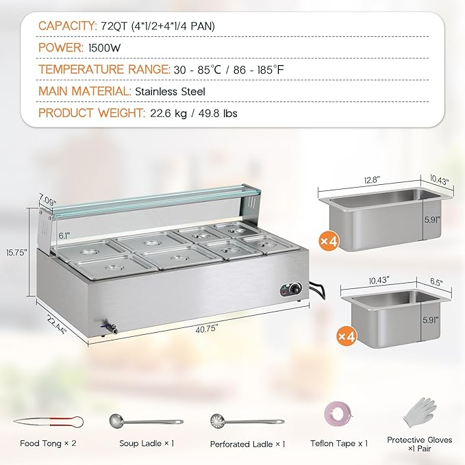 Jocisland 8-Pan 72QT Commercial Food Warmer, 1500W, Stainless Steel with Glass Lid & Food Tongs, 86-185°F Adjustable Heat for Catering and Restaurants, 110v