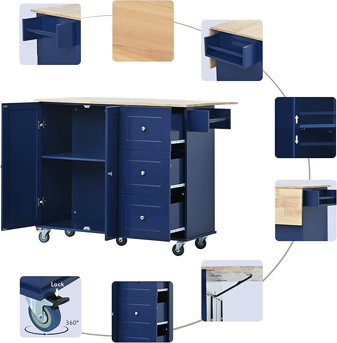 Favfurish 52.7" Rolling Mobile Kitchen Island Cart with Drop Leaf Wood Top, Adjustable Shelves Coffee Bar Trolley on Lockable Casters & Storage Cabinet & 3 Drawers for Dining Room, Dark Blue