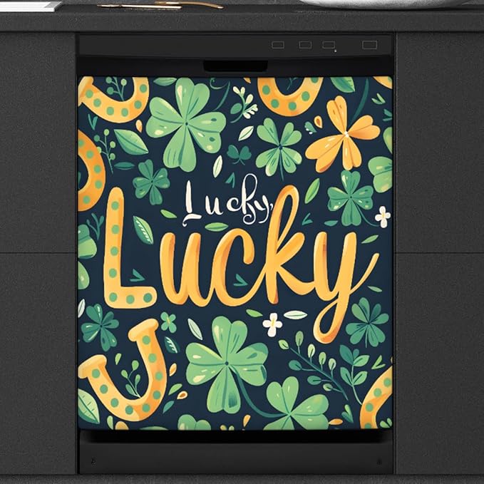 Lucky Straw Green Flower Letter Dishwasher Magnet Cover, Reusable Refrigerator Panel Stickers Microwave Front Door Covers Magnets for Kitchen Home Appliances Holiday Party Decorations 23 X 26 in
