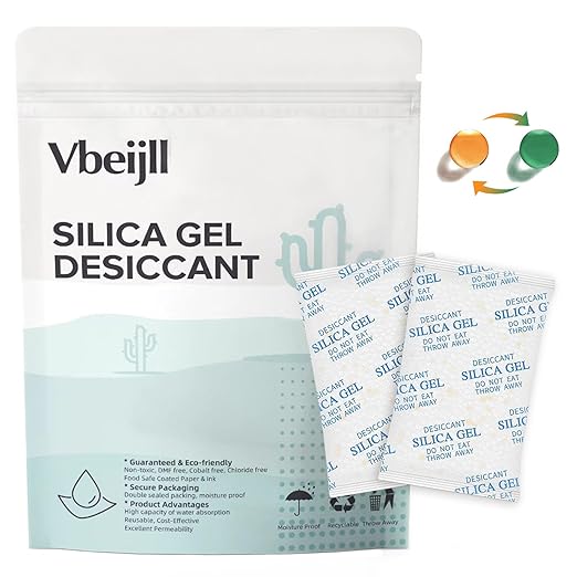 50 Gram (5 Pack) Color-Indicating Silica Gel Packets, Premium Food Grade Desiccant - Rechargeable Moisture Absorbers for Food Storage, Electronics, 3D Filament & Safes
