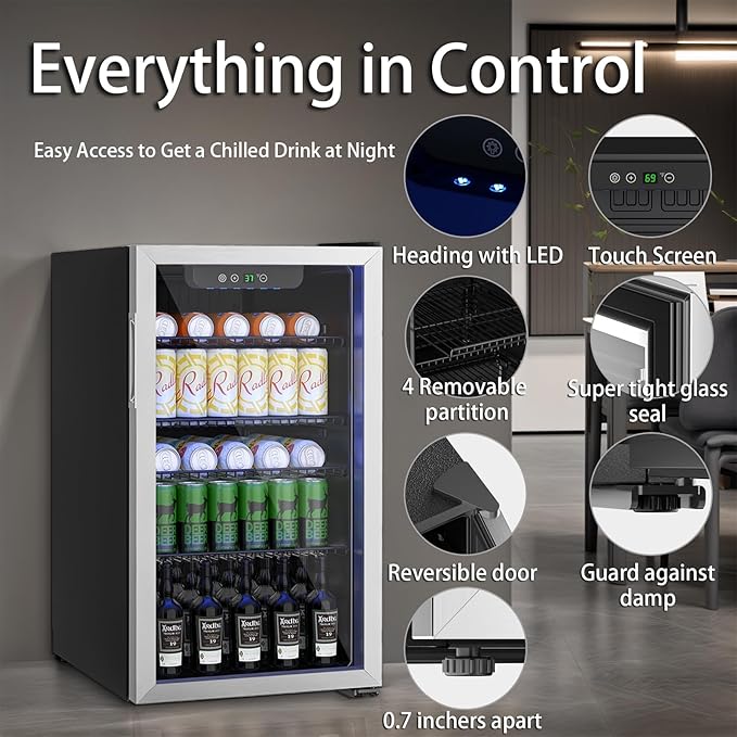 3.2 Cu.ft Beverage Refrigerator Cooler, 126 Can Mini Fridge with Glass Reversible Door, Digital Temperature Display for Soda, Beer or Wine For Office Bar with Adjustable Removable Shelves