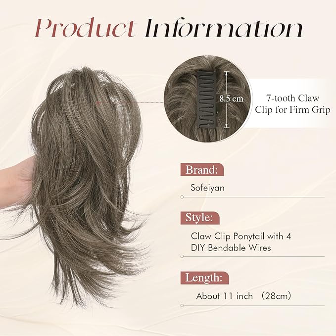 SOFEIYAN Claw Clip Short Ponytail Extension DIY Bendable Wires Hair Bun Fluffy Fake Hair Piece Straight Synthetic Hair Ponytail Extensions for Wonen - Light Brown Mix Blonde