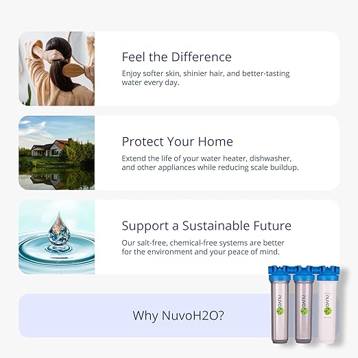 NuvoH2O Advanced 3-Stage Citrus-Based, Salt-Free Water Filter System + Water Softener with Chloramine and Iron Filtration – Healthy & Pure Water – Removes Hard Water Build Up (Whole Home Trio System)