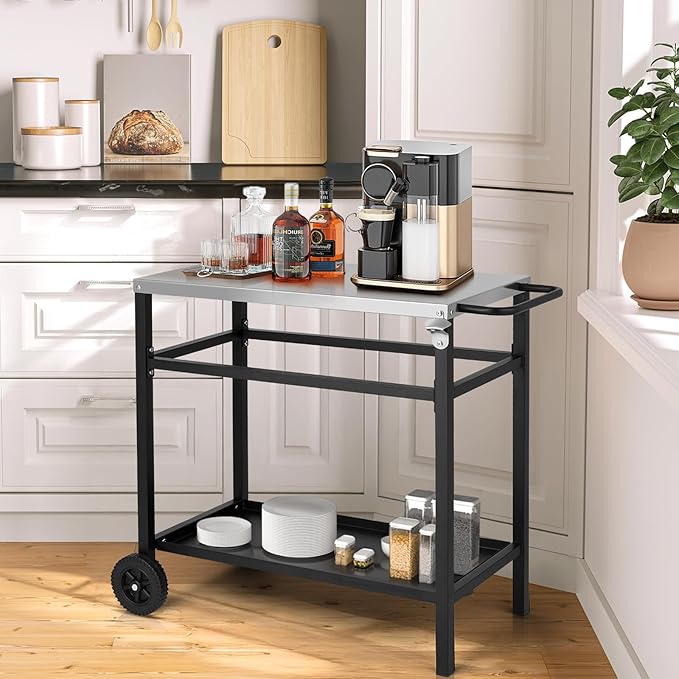 ROVSUN Upgraded Grill Dining Cart Table, Stainless Steel Bar Table Top, Movable Kitchen Island Stand for Outdoor Food Prep, Pizza Oven, Charcoal Accessories, Patio, Garden, Parties