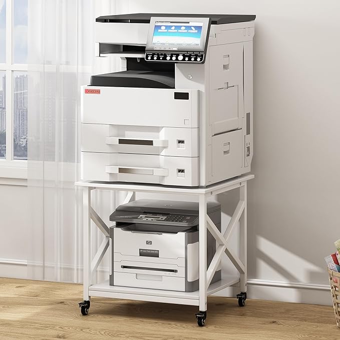 23.6 x 23.6 Inches Large Printer Stand, 2 Tier Square Printer Table with Storage Shelf for Home Office, Multi-use Rolling Cart with Wheels for Laser, 3D Printer and Mini Fridge - White