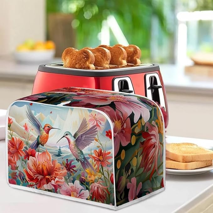 Hummingbird Flowers Print 4 Slice Toaster Cover for Home Kitchen Accessories Decor Dustproof Fingerprint Protectors for Kitchen Small Appliance