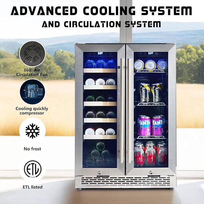 Jocisland Beverage Refrigerator, 24-Inch Dual Zone Fridge Cooler with Glass Door, Built-In or Freestanding for Wine and Beer, Holds 20 Bottles & 78 Cans, 34–64℉ & 41–68℉ for Kitchen, Bar, Office