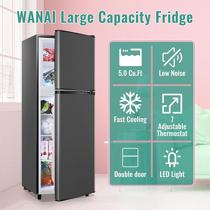 WANAI 5.0 Cu.Ft Fridge with Freezer, Dual Door Refrigerator with 7 Settings Temperature Adjustable, Small Fridge for Office Apartment and Home, Dark Gray