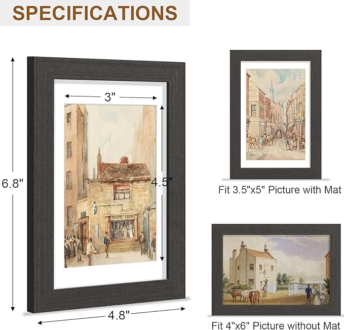 Vittanly 4x6 Picture Frame, Solid Wood Frame with Plexiglass, Includes 3.5x5 Mat, Wall Hanging or Tabletop for Home Decor, Black, 1 Pack