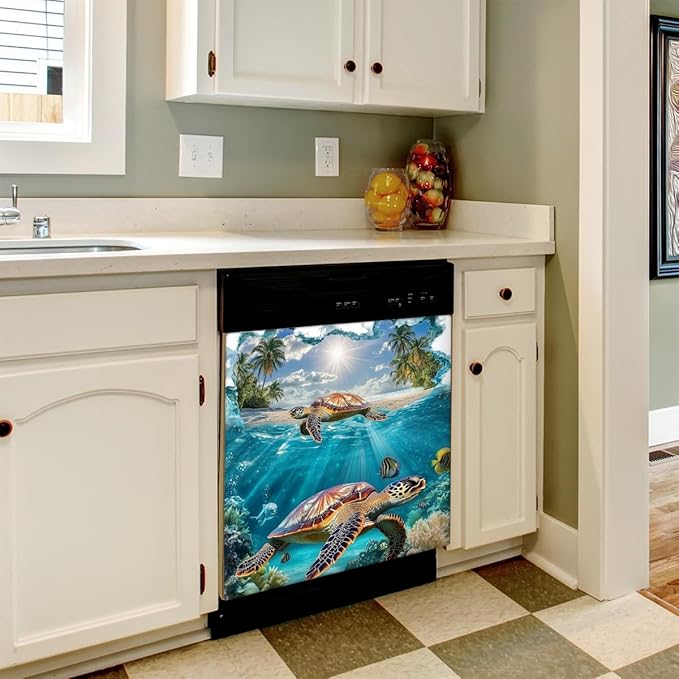 Ocean Turtles Dishwasher Magnet Cover for Door Front, Dishwasher Panel Decal Animal Reuseable Refrigerator Magnet Cover Decal Fridge Stickers Home Decor, 23 x 26 Inch