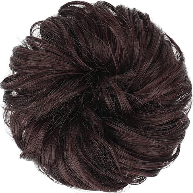FESHFEN Large Messy Bun Hair Piece - Wavy Synthetic Chignon Scrunchies Elastic Ponytail Hair Extensions Thick Hairpieces for Women, Black Cherry 1.94oz