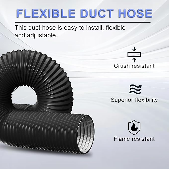 6 Inch Flexible Ducting Hose 8 Feet Black Aluminum Ducting -4 Layer Protection Dryer Vent Hose for HVAC Heating Cooling Ventilation and Exhaust, 2 Clamps Included