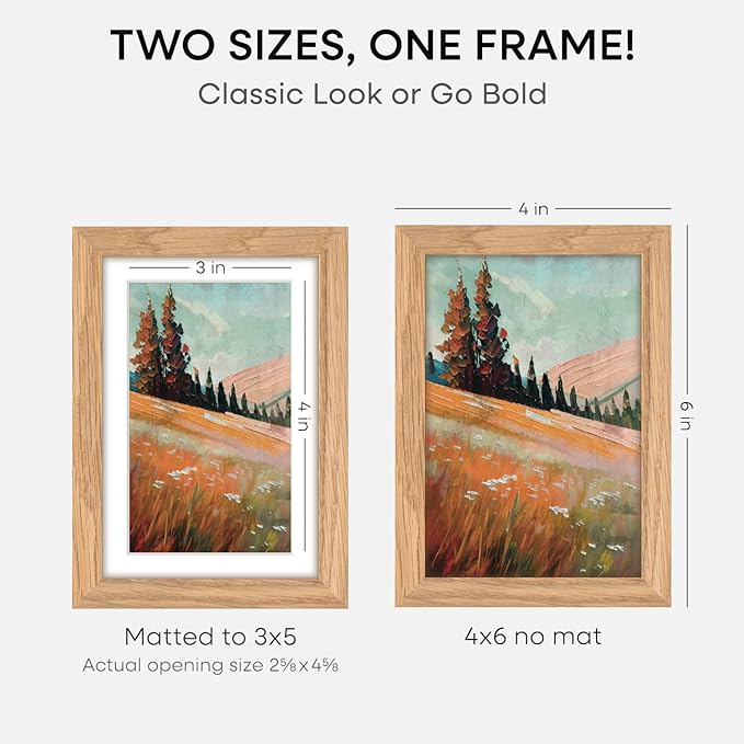 Homeforia 4x6 Picture Frame Wood, High End Natural Oak 4x6 Light Wooden Frames with Mat 3x5 for Photo, 4 x 6 Frame Matted to 3 x 5 Print, 6x4 Wall or Tabletop Frame, Tempered Glass, Wall Kit, Set of 2