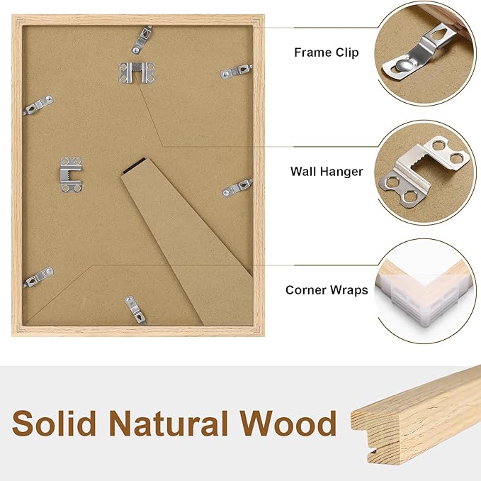 Vittanly 9x12 Picture Frame, Solid Wood Frame with Plexiglass, Includes 6x8 Mat, Wall Hanging or Tabletop for Photos, Home Decor, Natural, 1 Pack