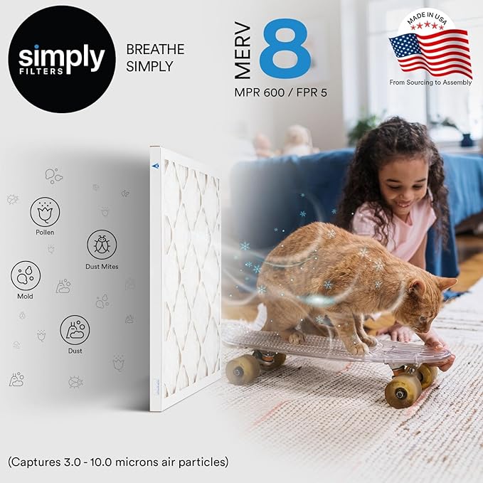 Simply 16x16x1 Air Filter, Merv 8, MPR 600, 6 Pack, Furnace Air Filter for HVAC (Actual Size: 15.75"x15.75"x0.75") DUST, Pet, & Allergy Control