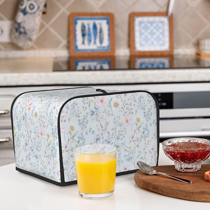 4 Slice Toaster Cover for Kitchen Pastel Wildflower Flower Waterproof and Dustproof Toaster Dust Cover with Side Pockets Decorative Universal Cover for Wide Slot Toasters and Small Appliances