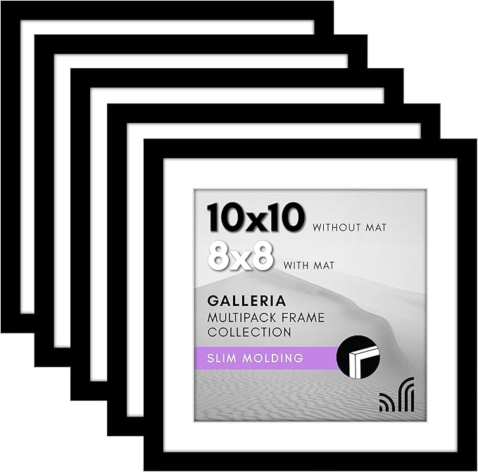 Americanflat 10x10 Picture Frame with Polished Plexiglass - Set of 5 - Use as 8x8 Frame with Mat or Display 10x10 Photo Without Mat - Galleria Collection - Square Frames for Tabletop or Wall - Black