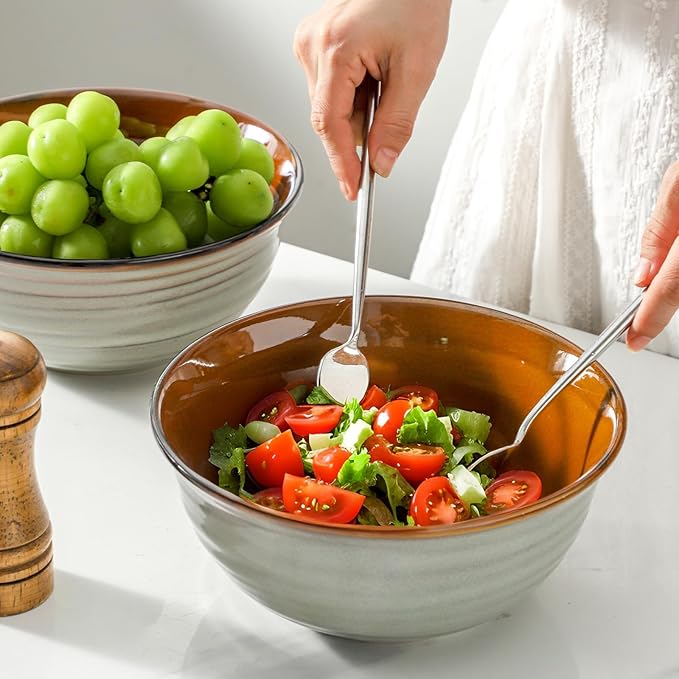 Serving Bowls, 60oz Deep Ceramic Mixing Bowls for Salad Pasta Soup Pho Popcorn, 8.4In Large Bowl Set of 2 for Baking Cooking Kitchen Party Dinner, Microwave and Dishwasher Safe, Brown