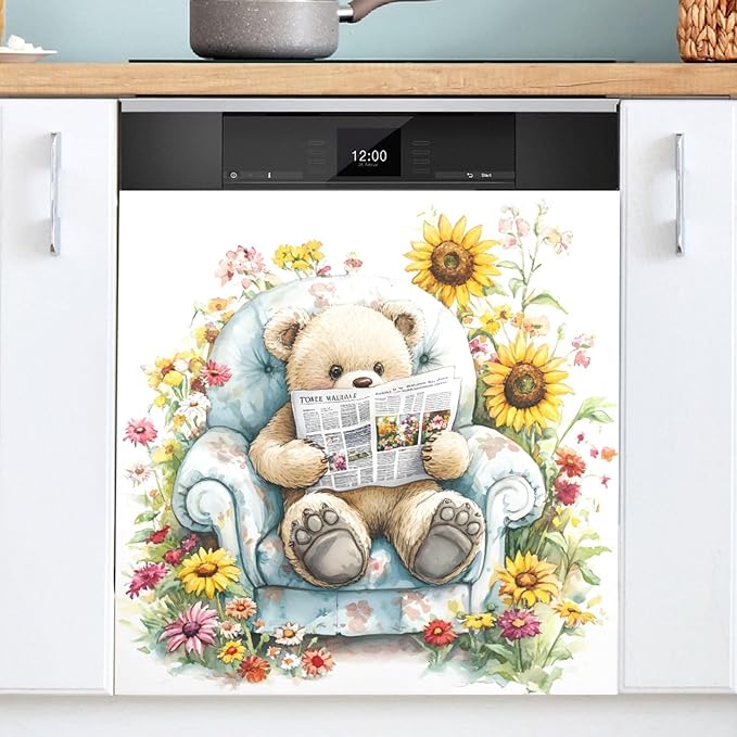 Bear Sunflowers Dishwasher Magnet Cover Magnet Sticker for Kitchen 23x26in Dish Washer Magnet Cover Refrigerator Magnets Panel Decal Pad