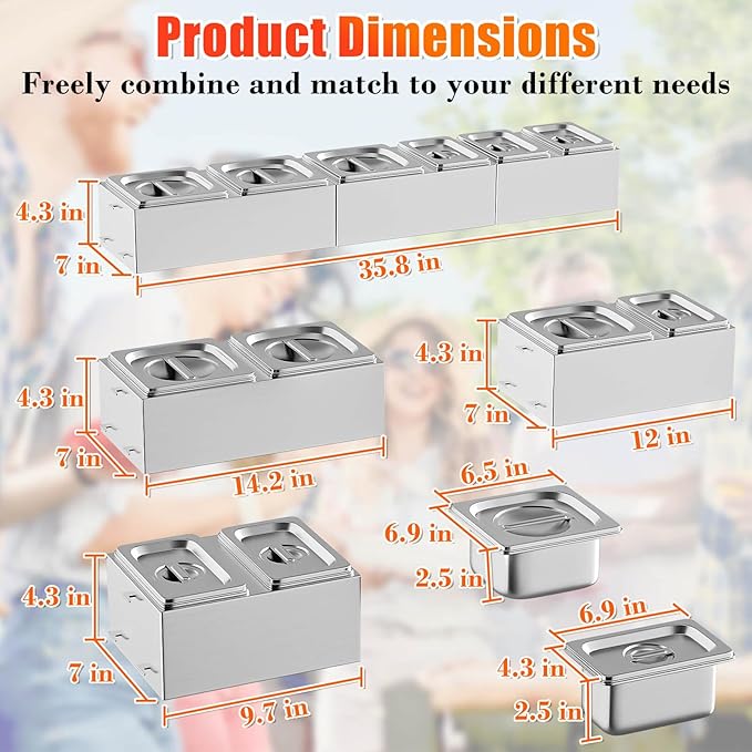 Pizza Topping Station Stainless Steel, 6 Seasoning Containers with Lid, Condiment Tray for Prepping Toppings, Pizza Oven Accessories, Grill Table Cart Topping Station, C-Clamp for Different Tabletop