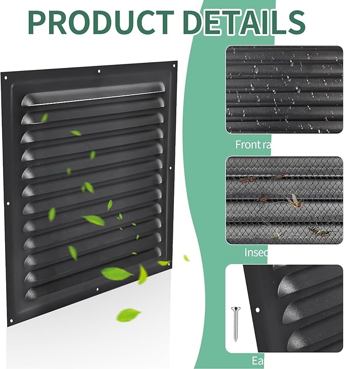 Gable Vents (10" x 10" 2Pcs) Aluminum Walls, Lofts, Garages More, More with Screens, Metal Shed Vents, Outdoor Houses, Loft Ceiling Reinforcement, Square Vents, Blinds, Exterior Grille(Black)