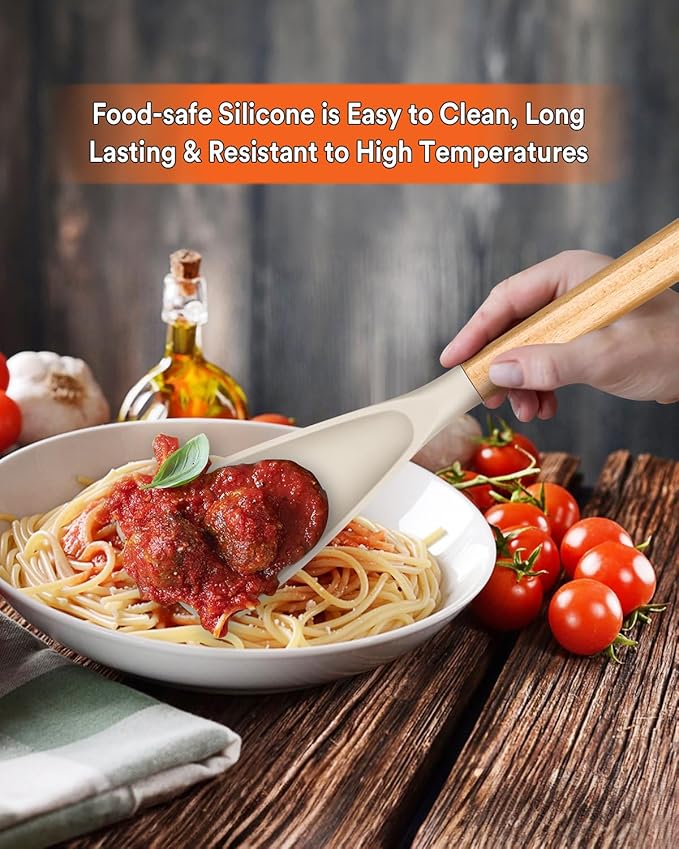 Cooking Spoon for Nonstick Cookwares, Great for Cooking and Serving Sturdy BPA-Free Matte Silicone, Wood Handle Spoon for Mixing, Scoop, and Scrape (KHAKI, 13.4 inch)