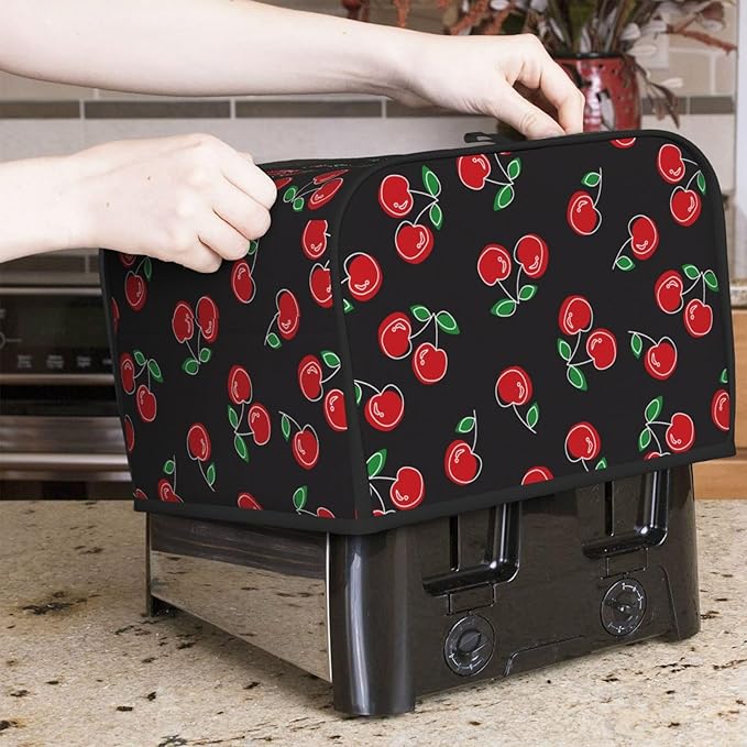 Red Black Cherry 4 Slice Toaster Cover, Waterproof Toaster Dust Cover Bread Maker Protective Cover For Small Kitchen Appliance Dining Room Table Home Decor Gifts