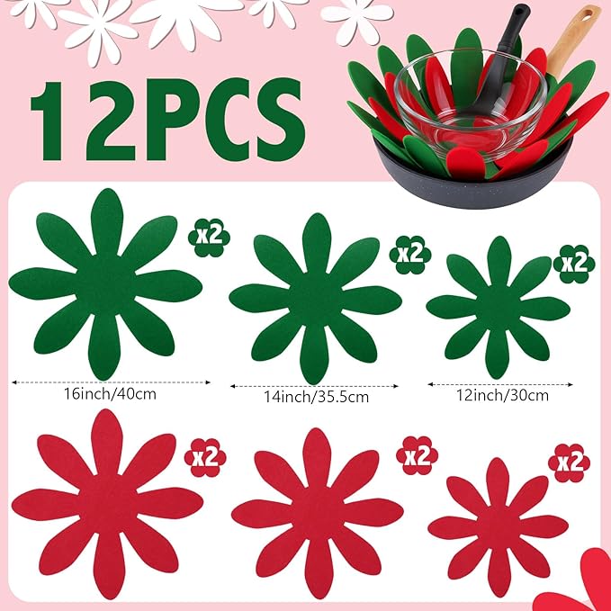 Queekay 12 Pcs Felt Pot and Pan Protectors 12/14/16 Inch Larger Thicker Pan Protector Pads, Colorful Pot Separators for Stacking Cookware Organizing Protecting (Red Green·)