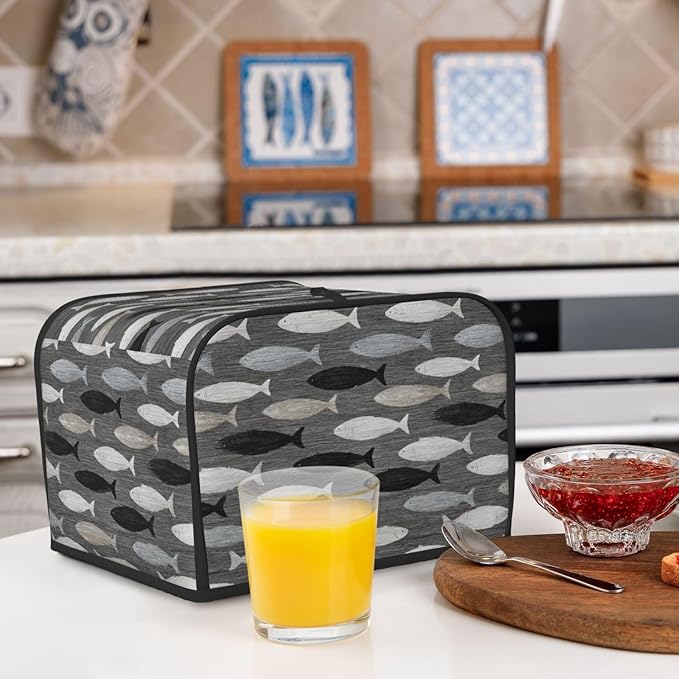 4 Slice Toaster Cover for Kitchen Gray Fish Pattern Waterproof and Dustproof Oxford Fabric Toaster Dust Cover with Side Pockets Decorative Universal Cover for Wide Slot Toasters and Small Appliances