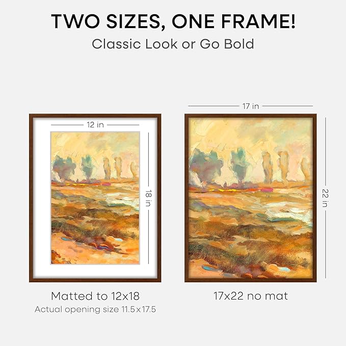 Homeforia 17x22 Picture Frame Brown, High End Dark Oak 17x22 Poster Wood Frame with Mat 12x18 for Photo, 17 x 22 Wooden Walnut Frame Matted to 12 x 18, 22x17 Frames, Tempered Glass, Wall Kit, Set of 3