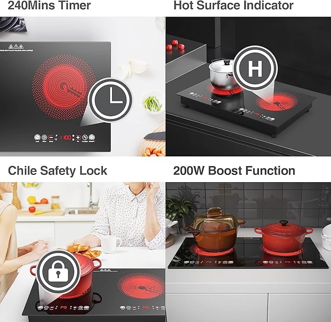 Electric Cooktop, 24 Inch 2 Burner Cooktop 110V, Built-in and Countertop Stove Top Plug in, 2400W Electric Stove, Compatible for All Cookware,Timer & Kid Safety Lock
