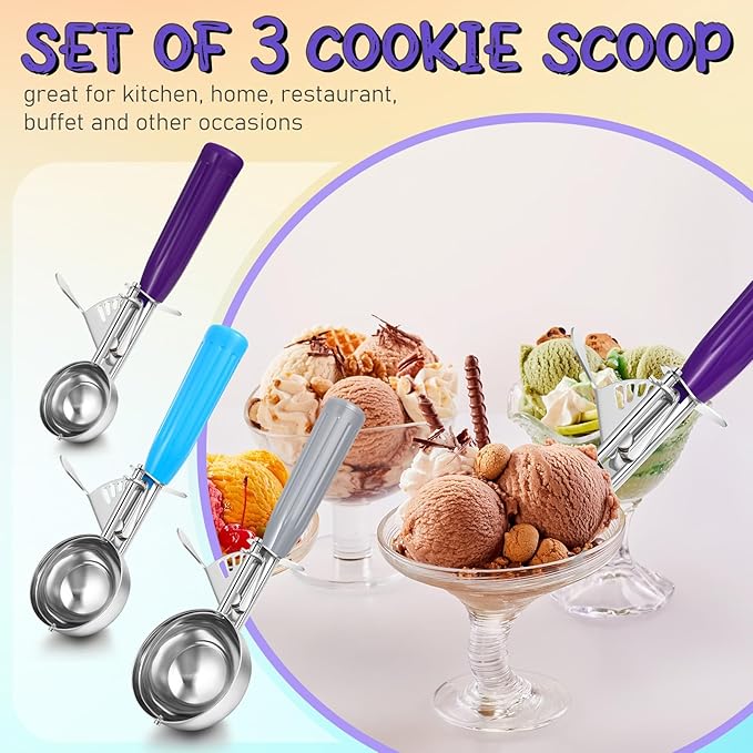 3 Pcs Release Cookie Scoops Ice Cream Scooper with Trigger Release Portion Scoop Stainless Steel for Portion Control, Baking Food, Cookie Dough (4 Oz+2 Oz+1 oz,Gray,Blue,Purple)