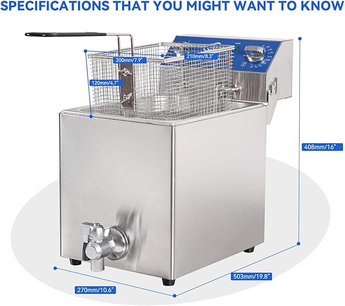 8.5Qt Electric Fryer with Oil Drain,30 Minutes Timer,Stretch forming oil tank,Lid and Solid Wire Mesh Basket,Medium Duty Commercial Electric Countertop Deep Fryers-120V,1800W