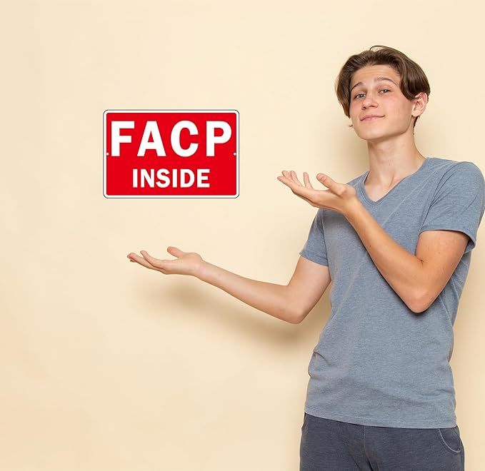 FACP Sign, (2 Pack) Self Adhesive FACP Inside Signs, Rust Free and Reflective Aluminum Metal Sign Sticker for Door (9 x 6 inches, Red/White)