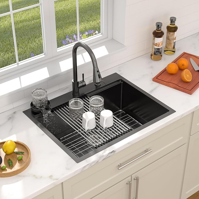 Dcolora 28 In. Black Kitchen Sink with Cup Washer, Large Single Bowl Drop In Installation, Heavy Duty 16 Gauge 304 Stainless Steel, Workstation with Valued Accessories, 28"x22"x10" #DC-T2533002BWS