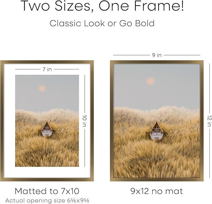 Homeforia 9x12 Frame Bronze, High End Metal 9 x 12 Brass Picture Frames with Mat 7 by 10 inch Photo, 9by12 Poster Frame Matted to 7x10, 12x9 Wall or Tabletop Frames, Tempered Glass, Wall Kit, Set of 2