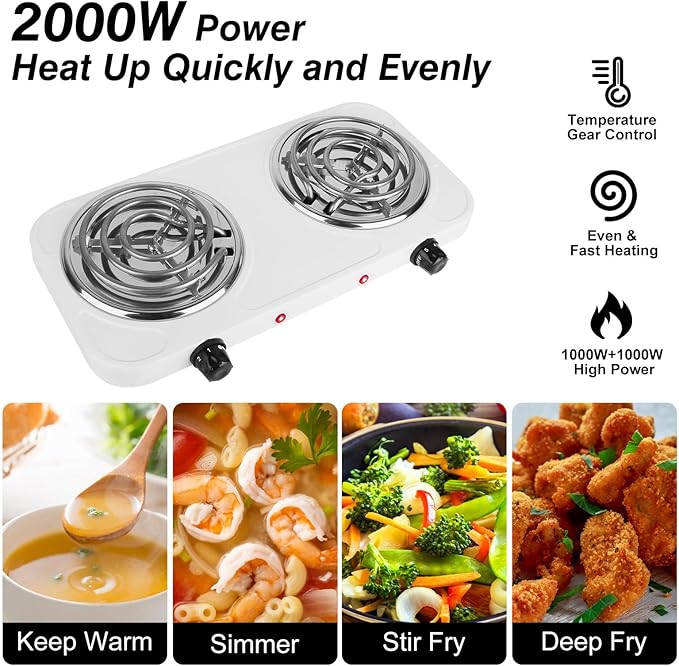 2000W Double Burner Electric, Portable Hot Plate for Cooking, Cooking Stove with 5 Temperature Adjustments, Countertop Burner Cooktop for Kitchen, Dorm (2Burner_White, 18x10x3")