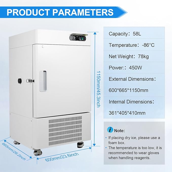 Ultra-Low Temperature Freezer, 58L Capacity -40C to -86C Laboratory Freezer Large-Capacity ULT Refrigerator for Sample Storage with Temperature Alarm Function