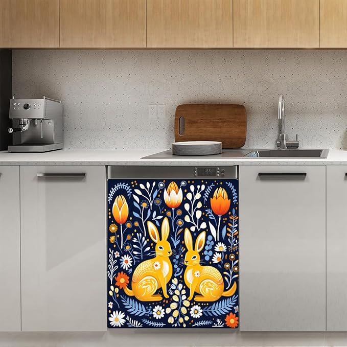 Easter Bunny Beautiful Flowers Dishwasher Magnet Cover, Reusable Refrigerator Panel Stickers Microwave Front Door Covers Magnets for Kitchen Home Appliances Holiday Party Decorations 23 X 26 in