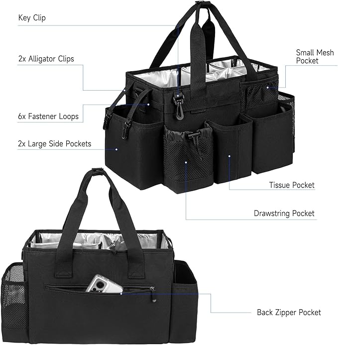Cleaning Caddy Bag, Cleaning Supplies Organizer for Housekeepers, Housekeeping Caddy with Handle and Detachable Padded Cushion, Black