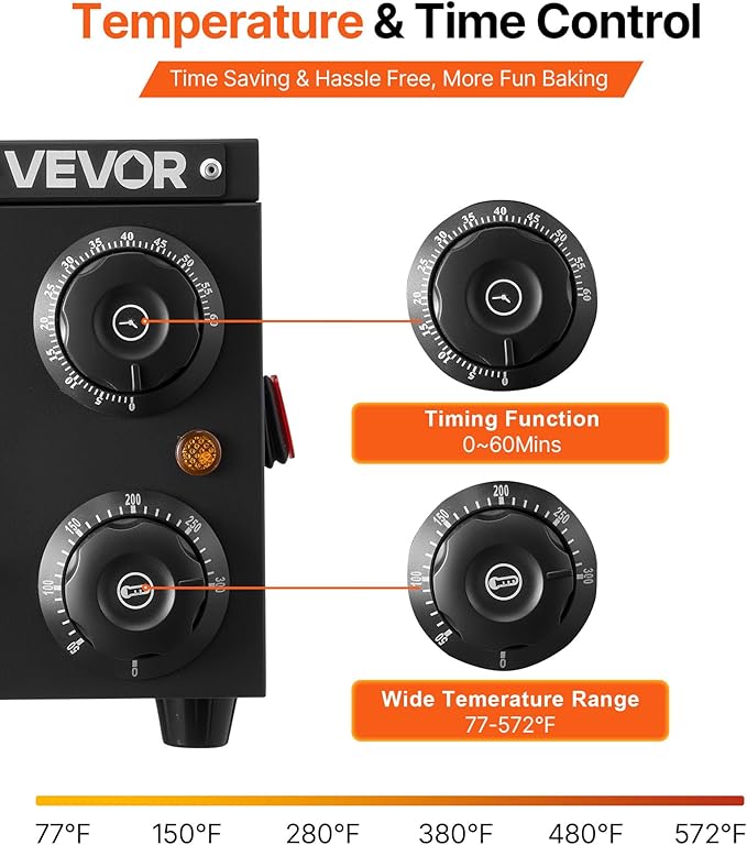 VEVOR Electric Pizza Oven, 16 in Countertop Pizza Oven, 77 to 572°F Temp Range, 1750W Indoor Pizzas Maker w/Timing & Temp Control, Pizzas Cooker w/Dual Heat Tube, Grill Rack, for Kitchen & Commercial