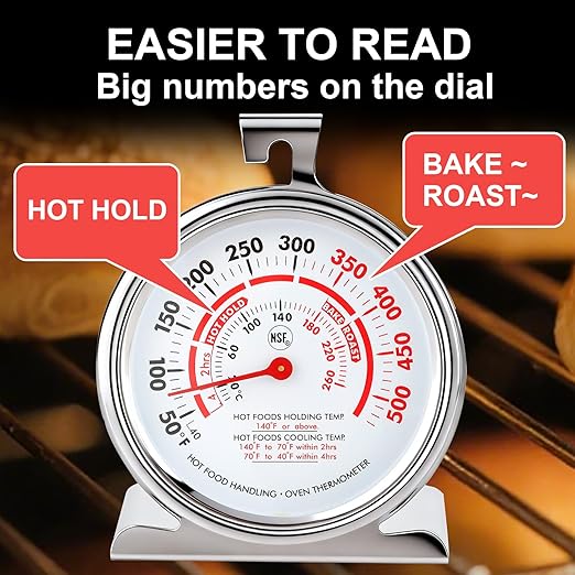 CloudHand Oven Thermometer for Gas/Electric Oven, Oven Temperature Gauge with Hanger&Base, Instant Read Stainless Steel Kitchen Thermometer 20-260°C/50-500°F 2PCS 2Pcs