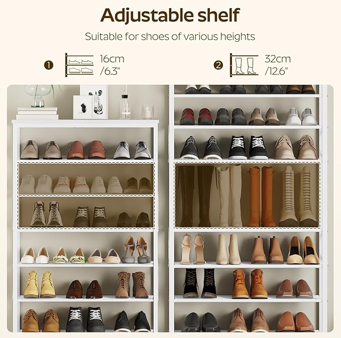 8 Tier Shoe Rack, Shoe Storage Organizer, Large Capacity Shoe Shelf Holds 32 Pairs of Shoes, Sturdy and Stable, for Entryway, Hallway, Closet, Dorm Room, White SS08WW