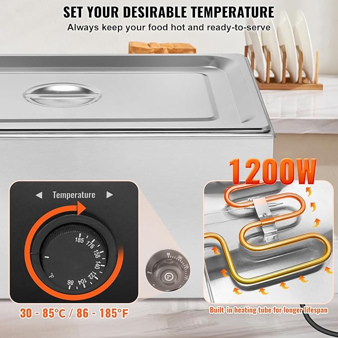 VEVOR Commercial Food Warmer, 1 Pan 24QT Electric Steam Table, 1200W Professional Countertop Stainless Steel Buffet Bain Marie with 86-185°F Temp Control for Catering and Restaurants, Silver