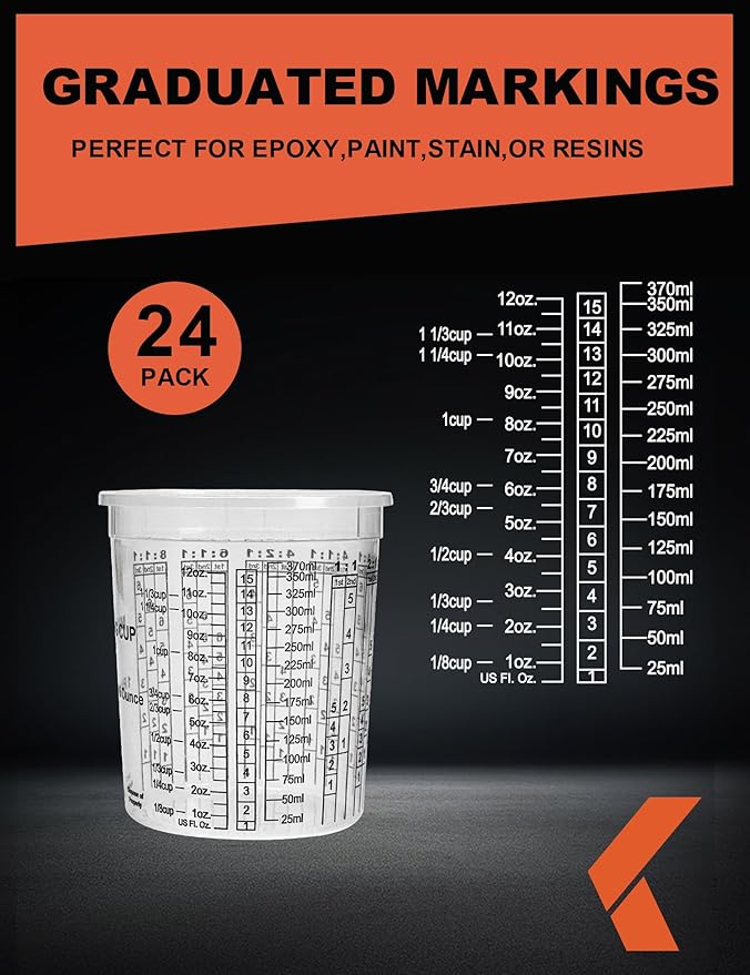 16 OZ Paint Mixing Cups Disposable Flexible Clear Graduated Plastic Measuring Cups Box of 24 Cups & 4 Lids Use for Automotive Painting, Epoxy Resin, Acrylic Arts, Kitchen - Mixing Ratios