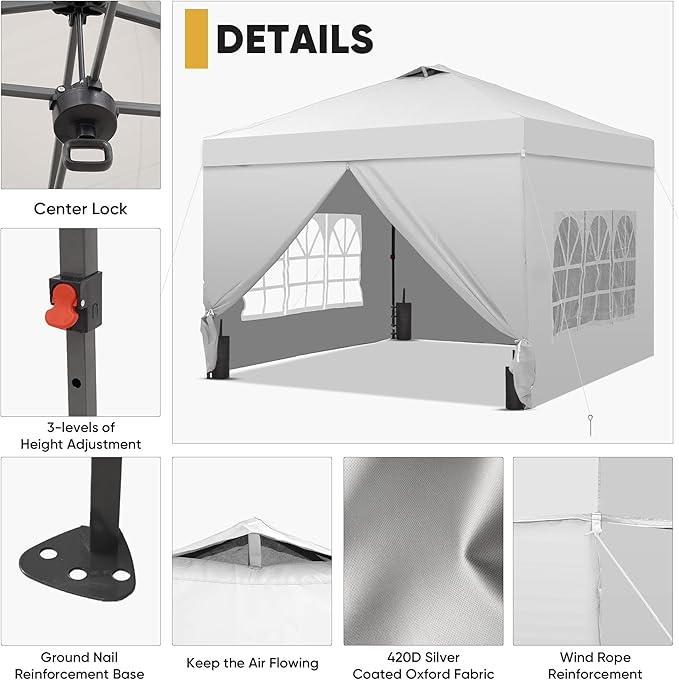 Saemoza 10x10 Pop Up Canopy Tent with One Push Setup, Portable Sun Shade Tent, Instant Easy Up Canopy with 4-Sidewalls & Handbag, Outdoor Fldable Gazebo with Vent Top, White.